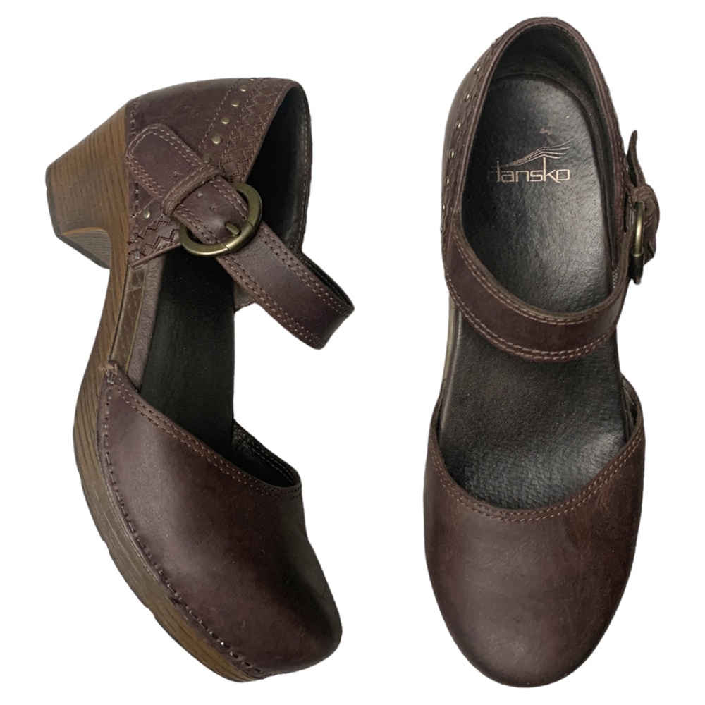 Dansko Makenna Dress Pump Mahogany Brown Leather Studded Clog 39 8.5 9